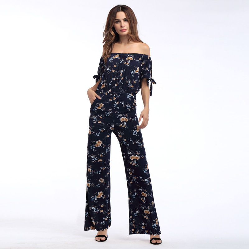 Off-the-shoulder Floral Print Casual Long Wide Leg Jumpsuit With Short Sleeves