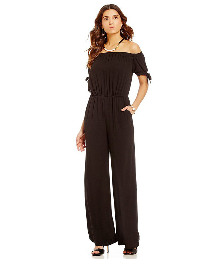 Women Long Jumpsuit Off Shoulder Short Sleeve Wide Leg Pants Chiffon Floral Printed Rompers Black