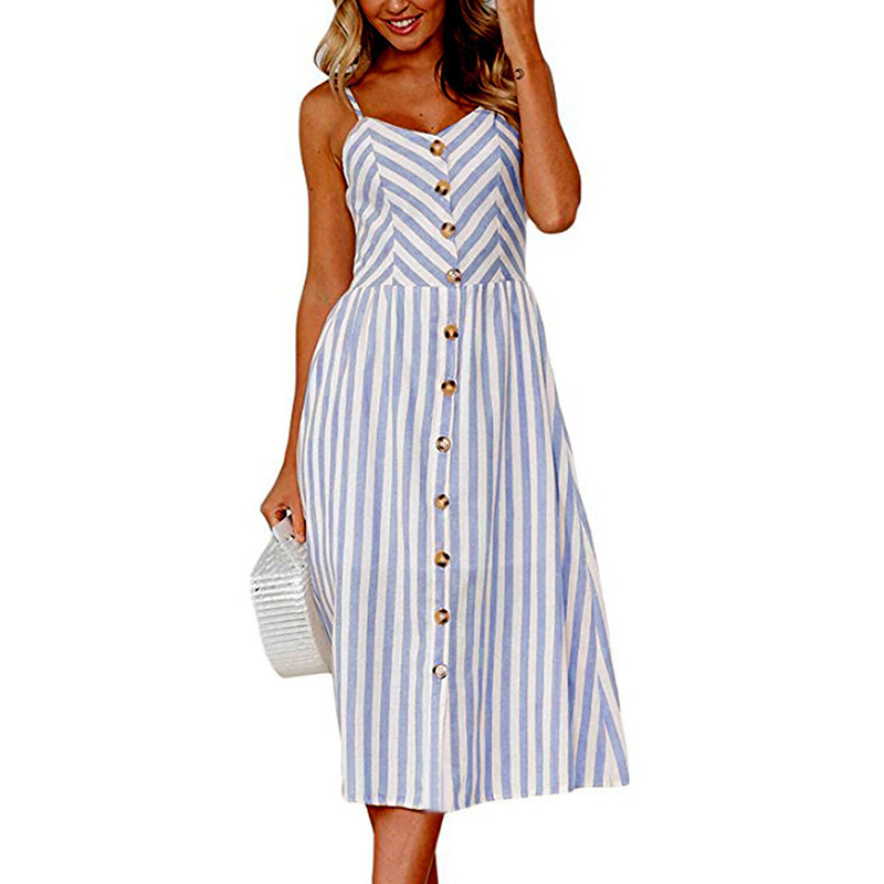 Women Midi Casual Dress Spaghetti Strap Button Pocket Boho Summer Beach Striped Sundress 8#