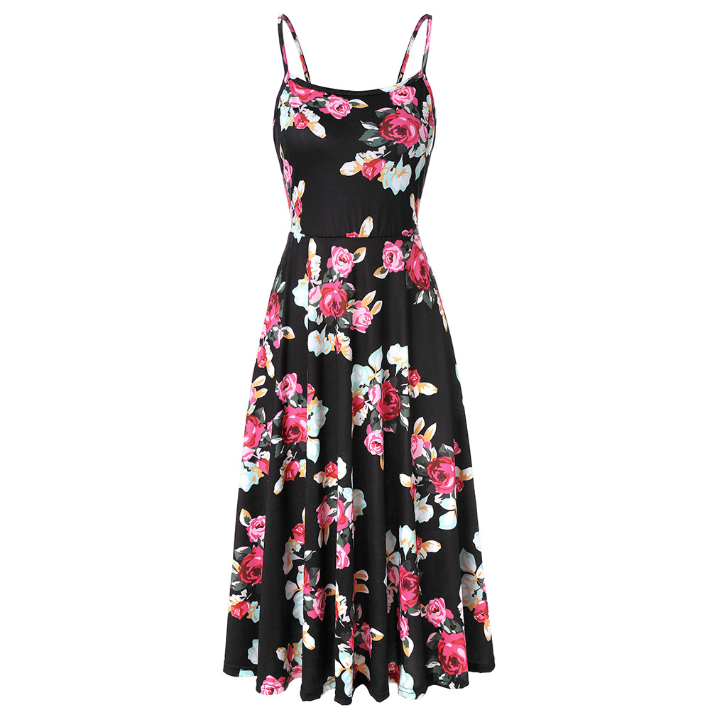 Boho Floral Printed Casual Dress Spaghetti Strap Women Summer Beach Party Dress2#
