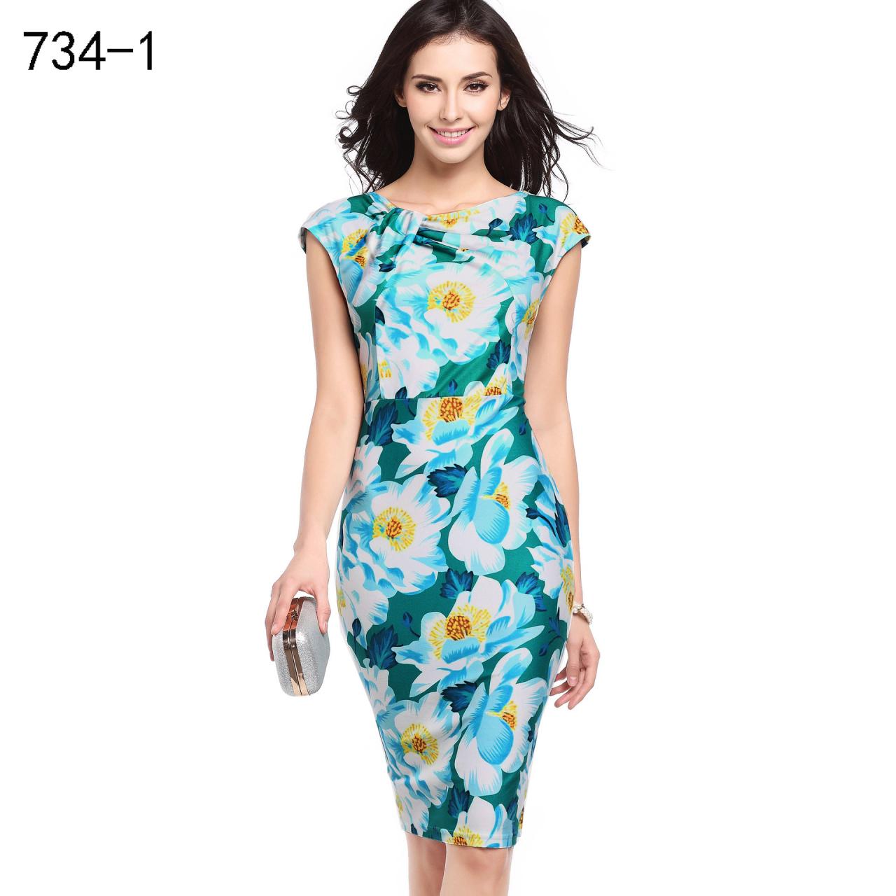Women Floral Printed Pencil Dress Cap Sleeve Slim Bodycon Work Office Party Dress 734-1#