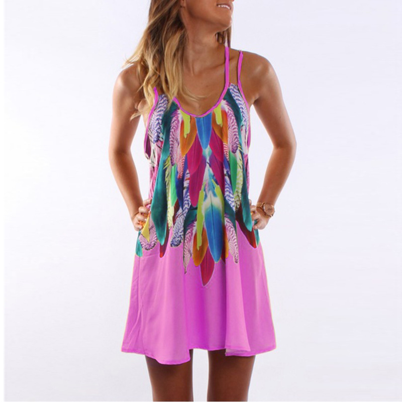 Women Floral Printed Mini Party Dress Spaghetti Strap Summer Beach Casual Sundress deep pink