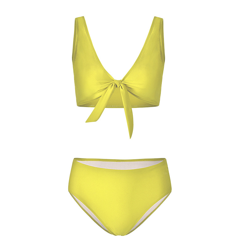 Women Bikini Set Summer Deep V Neck Bow Swimsuit Swimwear Two Piece Set Bathing Suit yellow