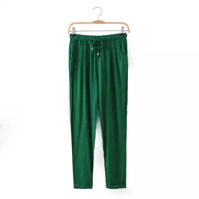  Women Casual Harem Pants Drawstring Elastic Waist Ankle Length Slim Long Trousers green