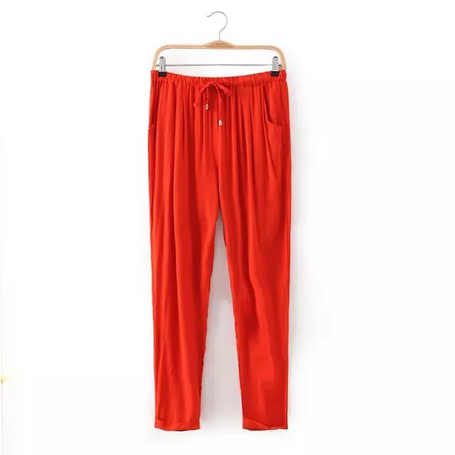 Women Casual Harem Pants Drawstring Elastic Waist Ankle Length Slim Long Trousers orange 