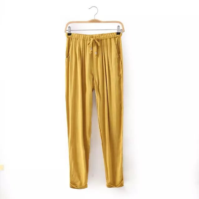 Women Casual Harem Pants Drawstring Elastic Waist Ankle Length Slim Long Trousers yellow