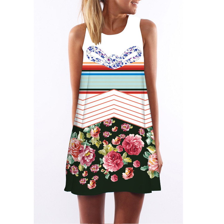 Women Casual Floral Printed Dress Sleeveless Boho Summer Beach Mini Sundress 2#