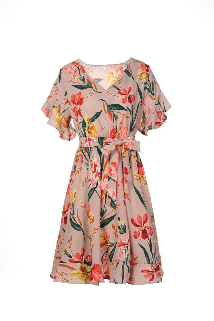  Summer Women's Short Dress Casual Floral Wrap Belted A