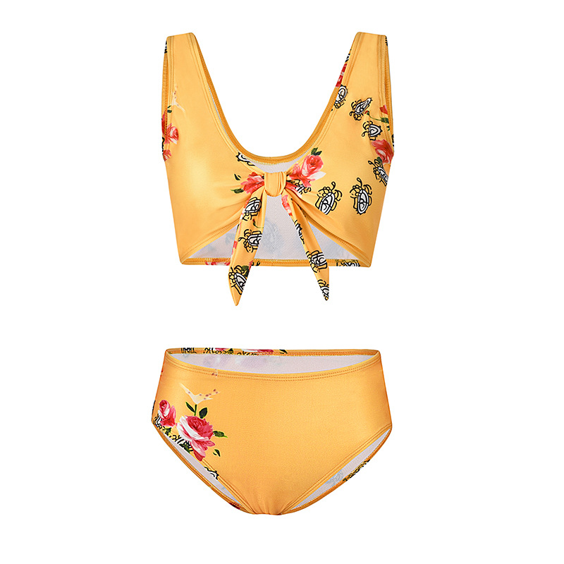 Women Floral Printed Bikini Set Summer Beach High Waisted Bow Swimsuit
