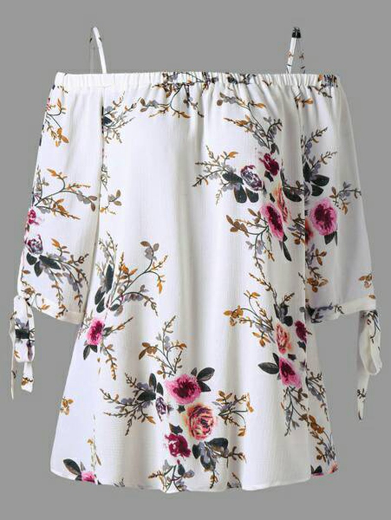 Womens V-Neck Loose Flower Printed T-Shirt Casual Strapless Off Shoulder Ruffled Bandage Tops 
