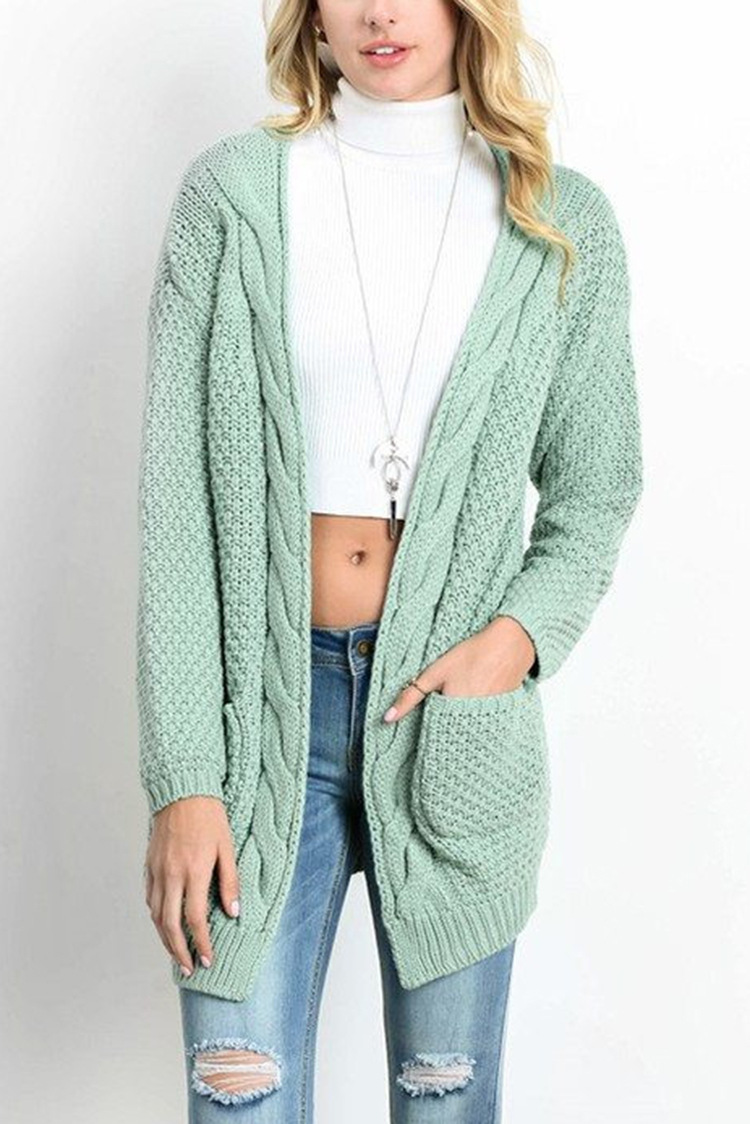 Women Long Knitted Cardigan Long Sleeve Pockets Sweater Autumn Loose Open Stitch Coat pea green