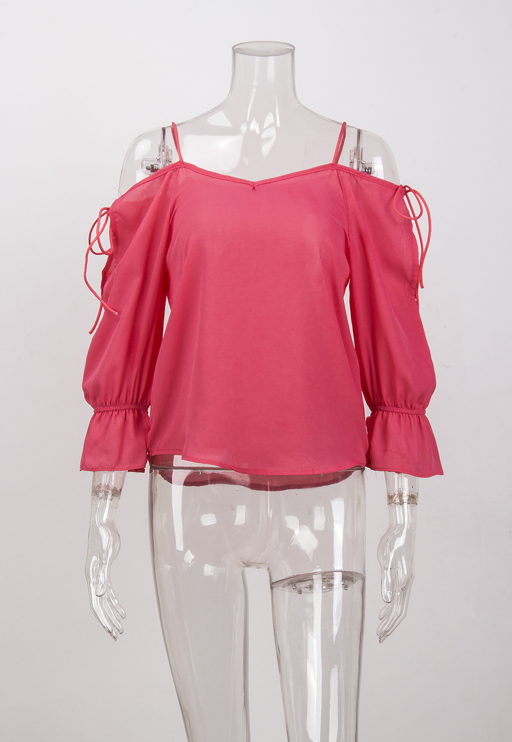  Women Chiffon Blouses Off Shoulder Long Sleeve Lace up Summer Casual Loose Tops Shirts watermelon red 
