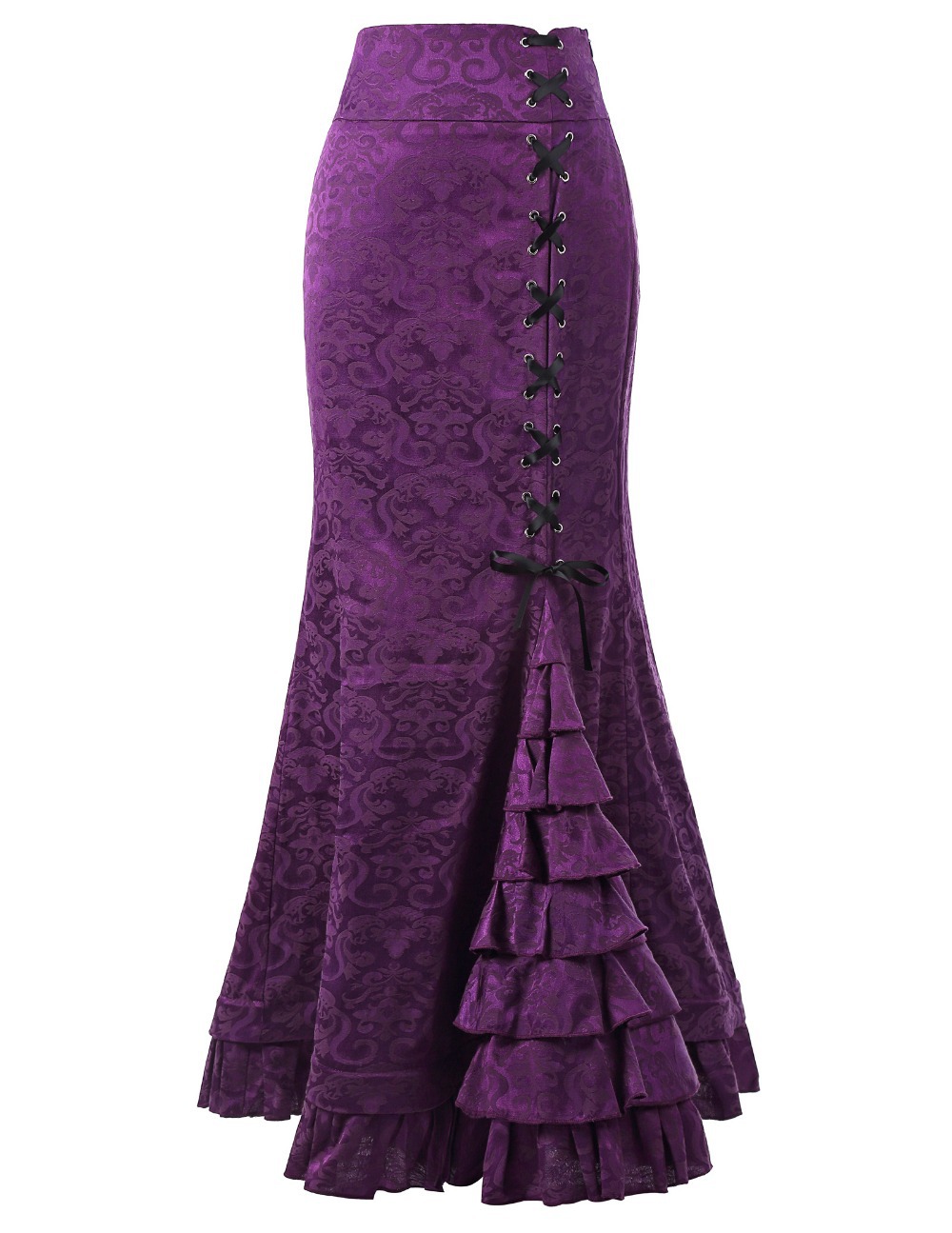 Gothic Mermaid Skirt Sexy Lace-up Floor-length Women Maxi Skirt Vintage Fishtail Long Steampunk Skirt Purple