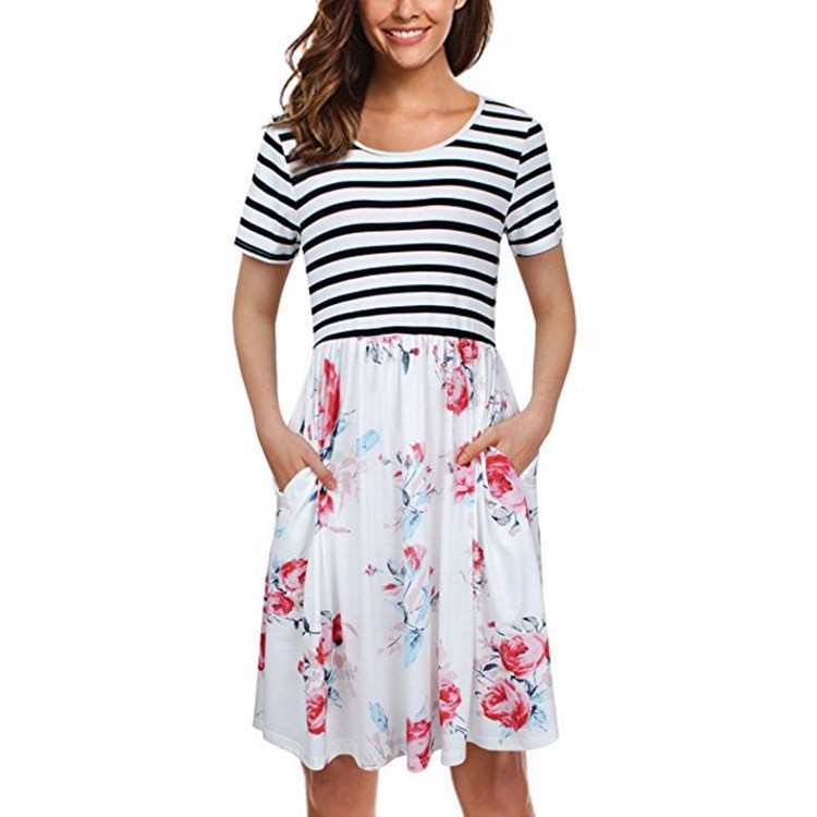 Women Floral Printed Casual Dress Short Sleeve Striped Patchwork Pocket Summer Beach Boho Dress off white 2#