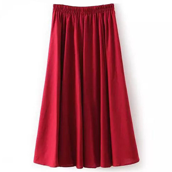 Women Midi Skirt Elastic High Waist Summer Below Knee Casual A Line Skater Skirt Crimson