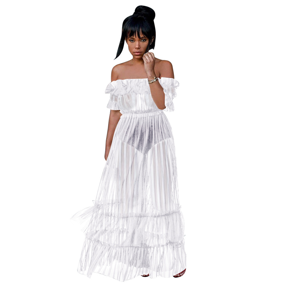 off shoulder sheer mesh maxi dress