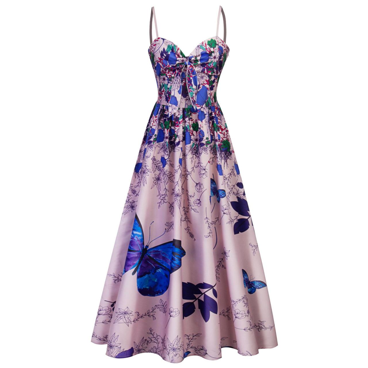 Women Butterfly Floral Printed Long Dress Spaghetti Strap Summer Beach Tea Length Boho A Line Sundress blue