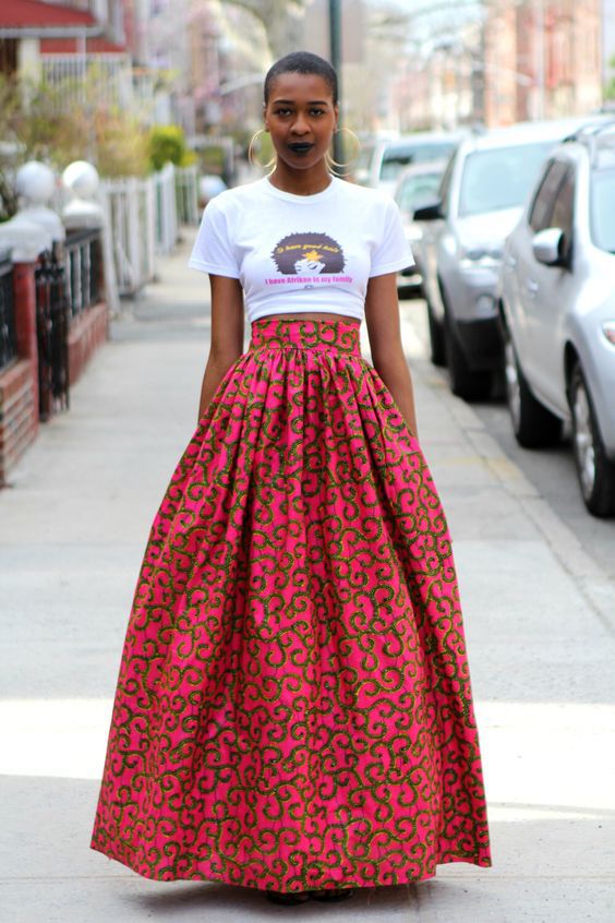 Women African Maxi Skirt Floral Printed High Waist Pleated Floor Length Boho Beach Long Skirt Q0014