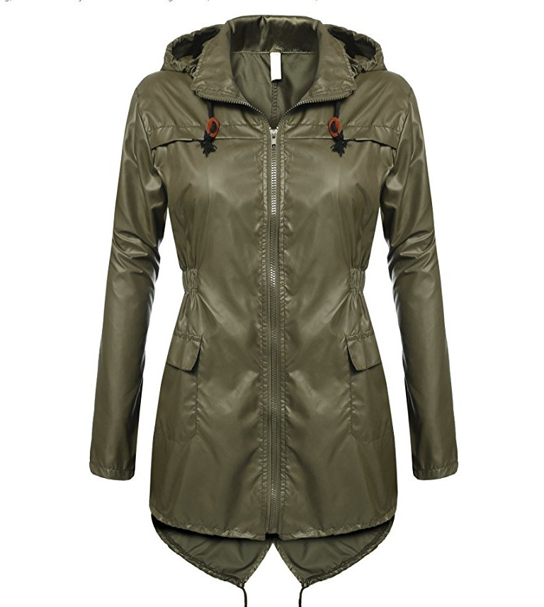 Women Raincoat Spring Autumn Hooded Long Sleeve Slim Fit Casual Waterproof Coat Jacket army green