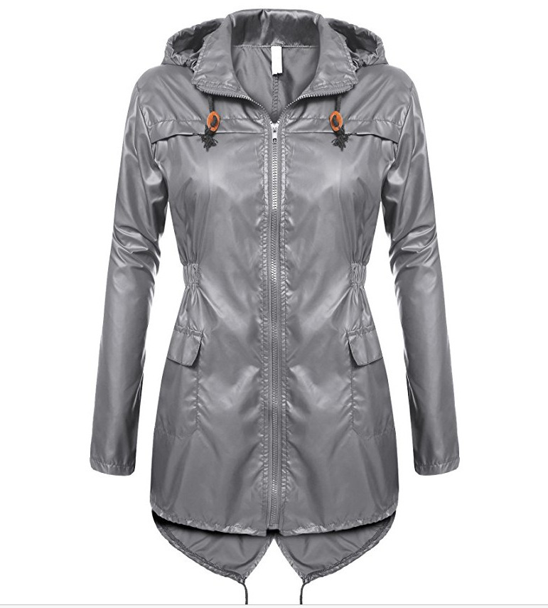 Women Raincoat Spring Autumn Hooded Long Sleeve Slim Fit Casual Waterproof Coat Jacket gray
