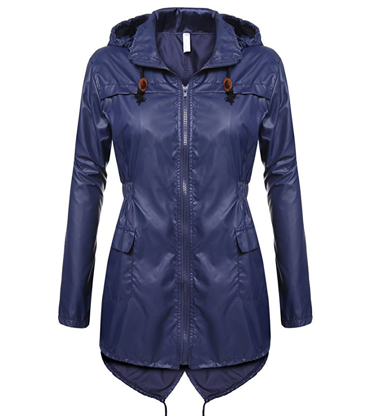 Women Raincoat Spring Autumn Hooded Long Sleeve Slim Fit Casual Waterproof Coat Jacket navy blue