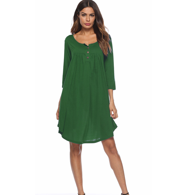Women T Shirt Dress Autumn 3/4 Sleeve Buttons Plus Size Causal Loose Midi Dress green