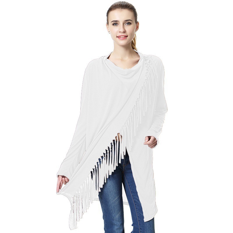 Women Asymmetrical Tassels Shawl Coat Ponchos Design Long Sleeve Scarves Casual Sweater Jacket off white