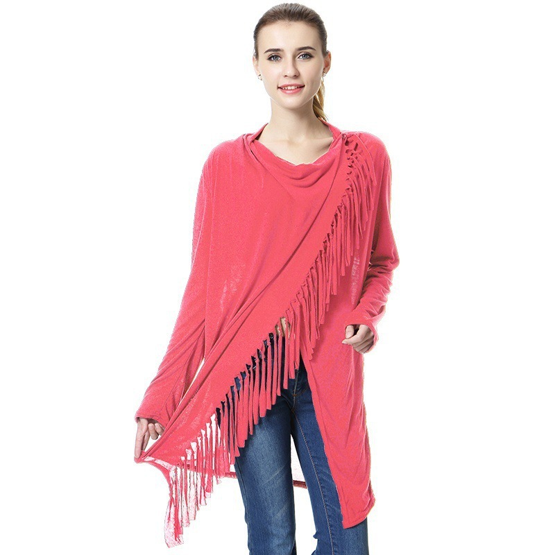 Women Asymmetrical Tassels Shawl Coat Ponchos Design Long Sleeve Scarves Casual Sweater Jacket Red