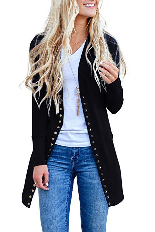  Women Knitted Cardigan V Neck Button Long Sleeve Autumn Casual Slim Sweater Coat black