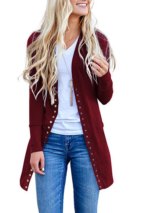 Women Knitted Cardigan V Neck Button Long Sleeve Autumn Casual Slim Sweater Coat burgundy