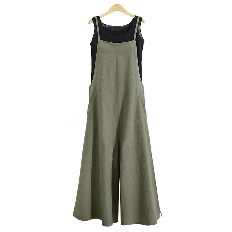 Women Wide Leg Jumpsuit Casual Loose Plus Size Strappy Pockets Long Overalls Pants Rompers Army Green