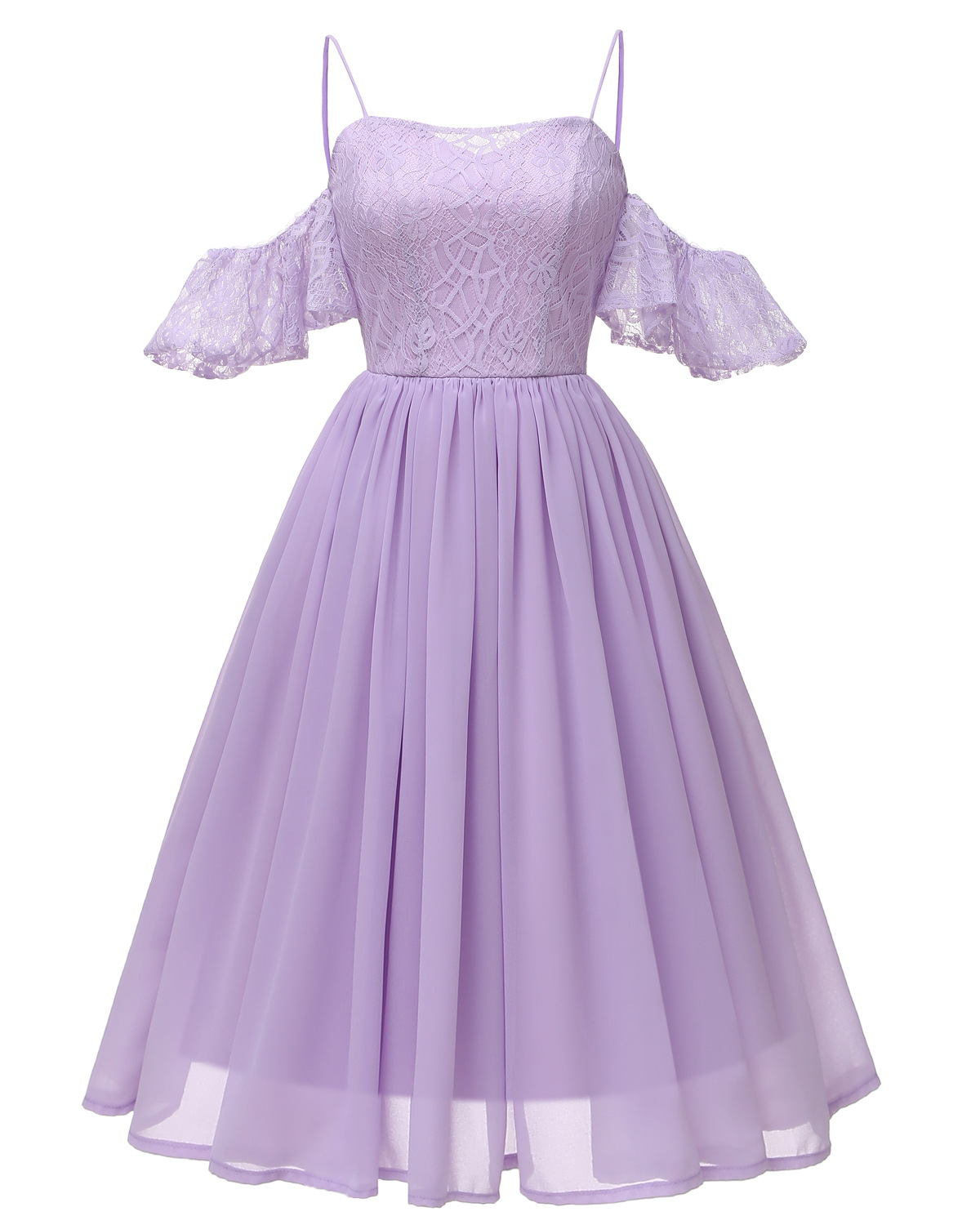 Women Casual Dress Spaghetti Strap Off Shoulder Ruffles Sleeve Lace A Line  Formal Party Dress Lilac