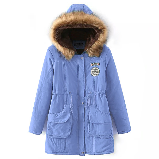  Winter Women Cotton Coat Parka Casual Military Hooded Thicken Warm Long Slim Female Jacket Outwear light blue