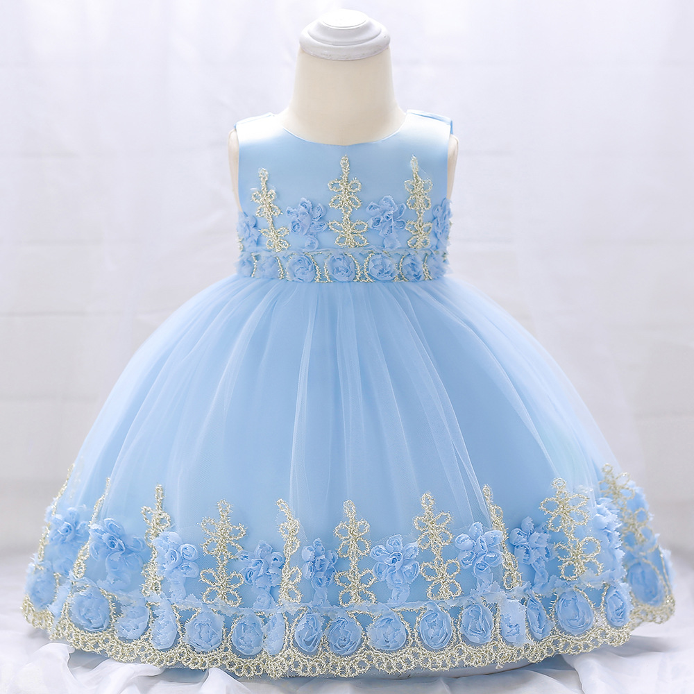 Girls sky blue floral lace party dress.