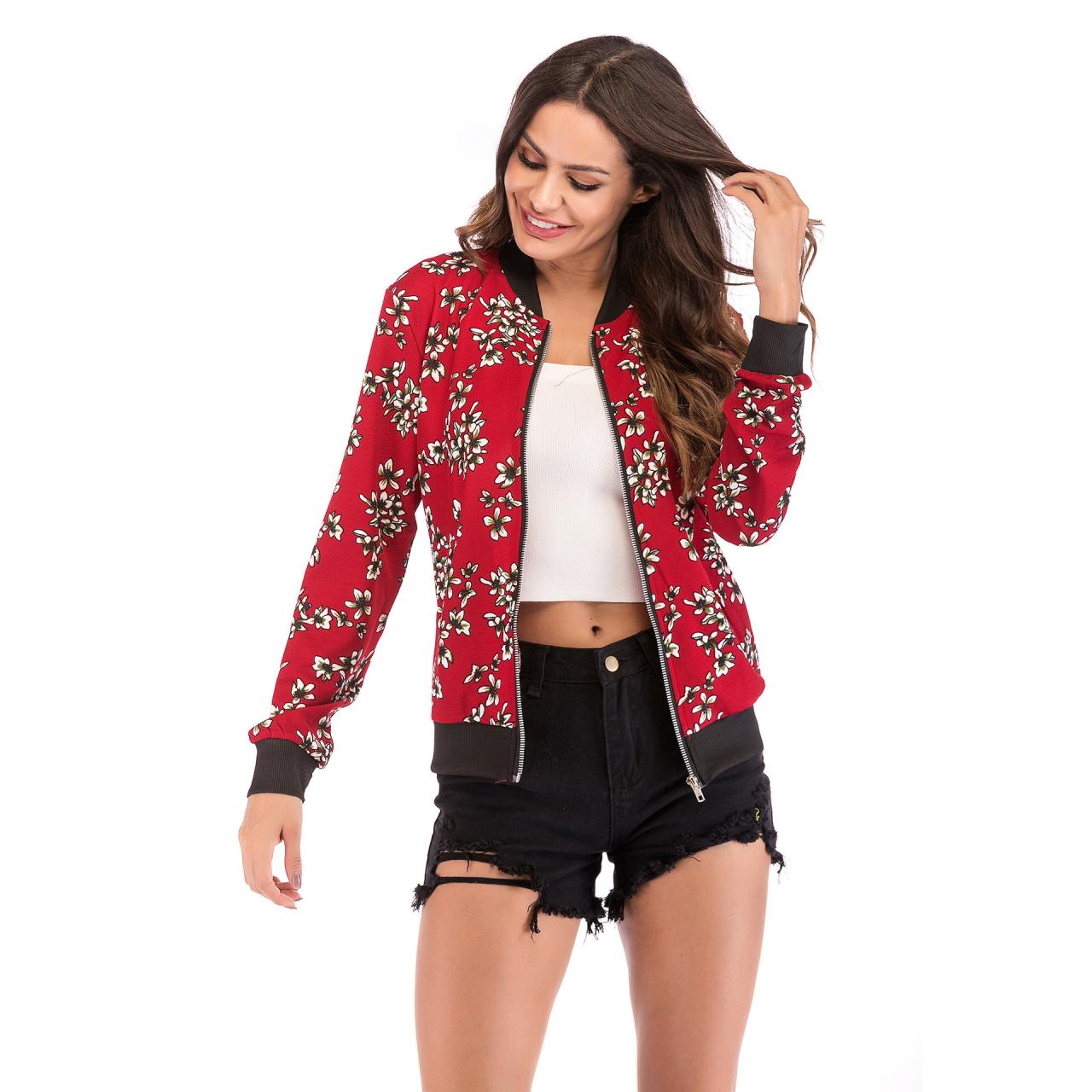 Women Baseball Uniform Coat Crane/floral/striped Printed Autumn Long Sleeve Zipper Casual Slim Jacket Outerwear 9#