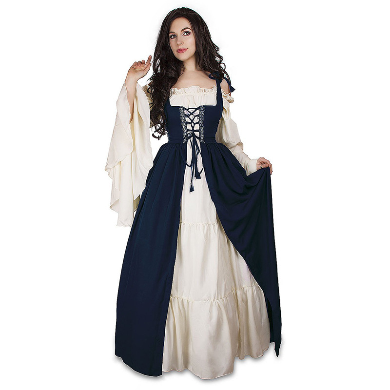 Vintage Halloween Oktoberfest Beer Girl Costume Maid Wench Germany Bavarian Plus Size Medieval Dress Dirndl navy blue