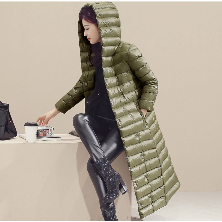 Women Long Duck Down Coat Hooded Long Sleeve Plus Size Slim Winter Ultra Light Jacket Outwear Army Green