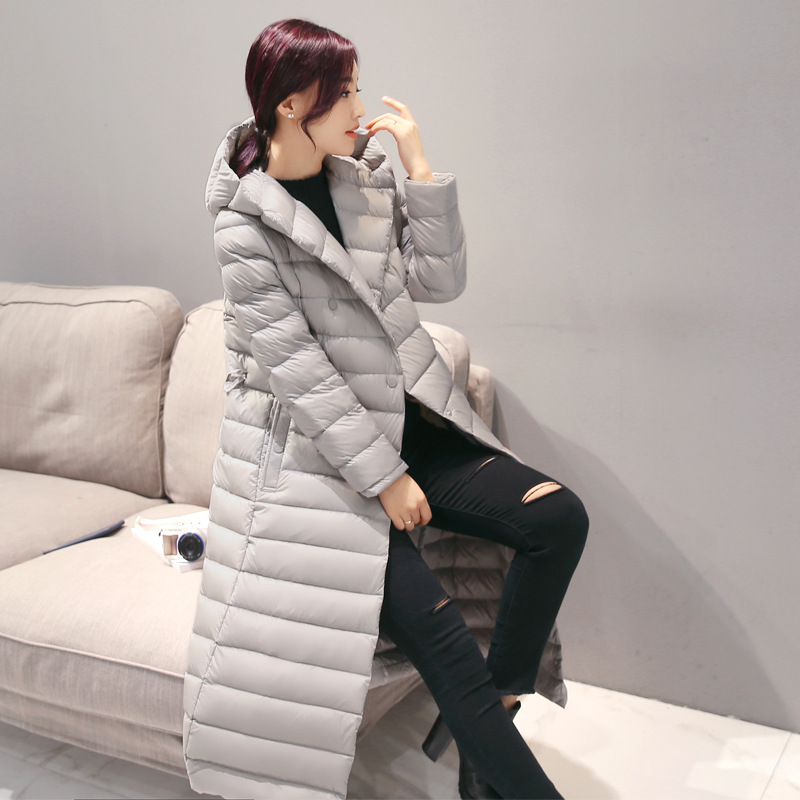Women Long Duck Down Coat Hooded Long Sleeve Plus Size Slim Winter Ultra Light Jacket Outwear gray