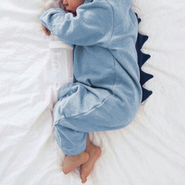 Newborn Infant Baby Boy Girl Dinosaur Hooded Romper Jumpsuit Long Sleeve Autumn Kids Outfits Clothes Light Blue