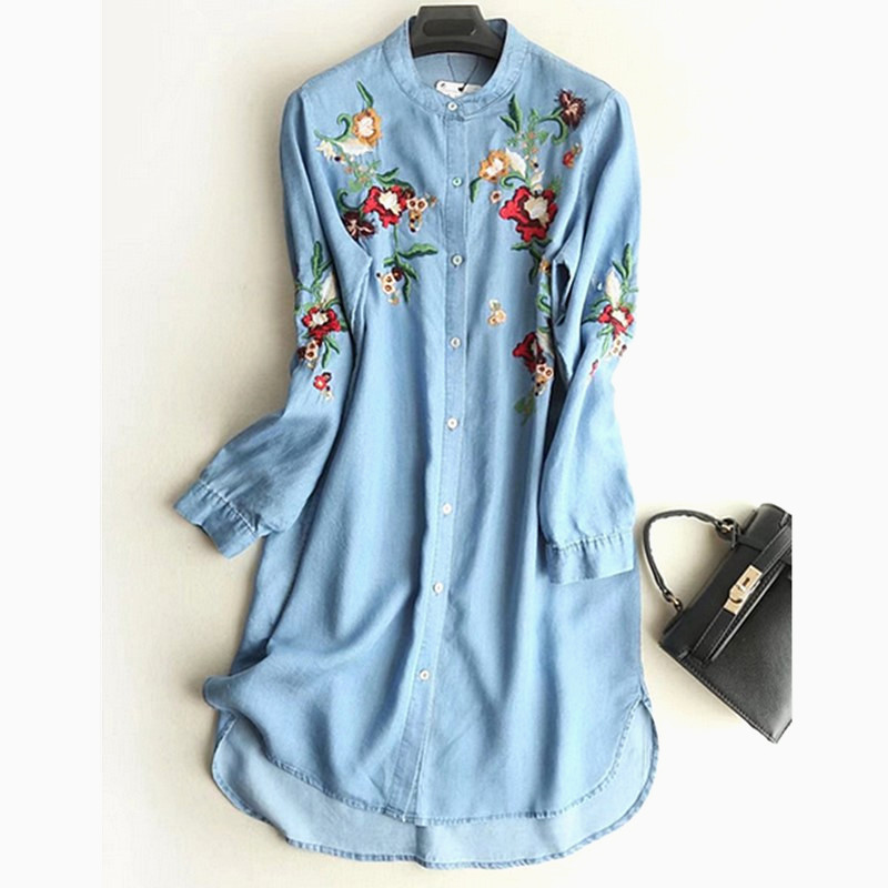 Women Floral Embroidery Denim Dress Long Sleeve Button Loose Asymmetrical Short Casual Dress light blue