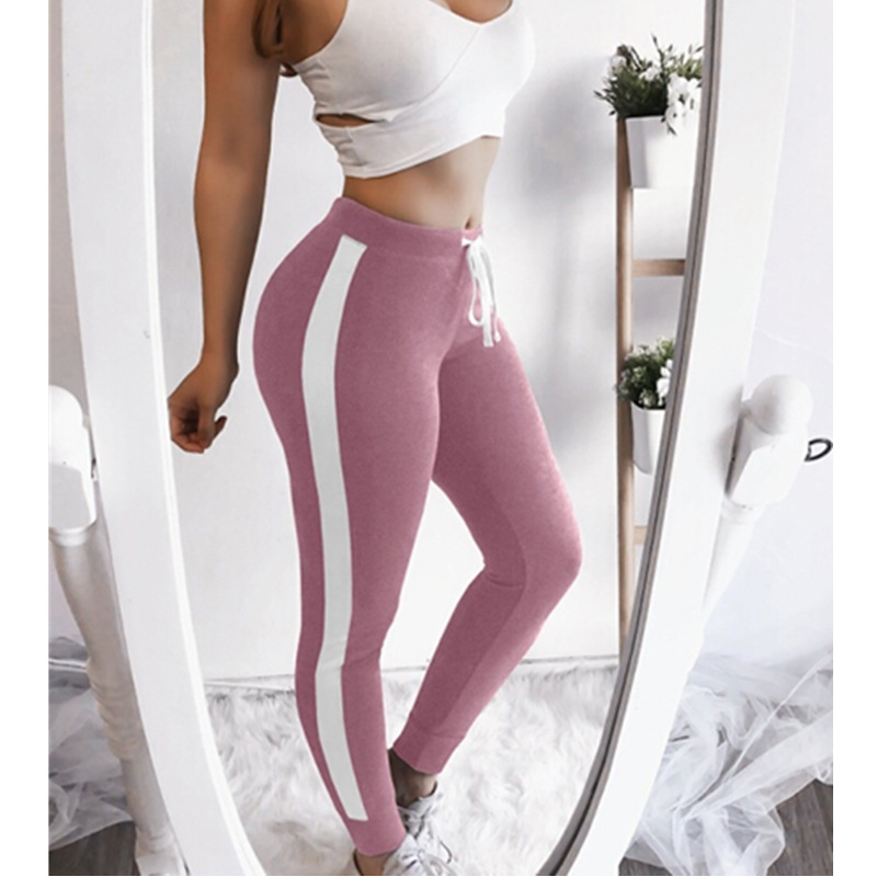  Women Striped Leggings Drawstring Elastic Waist Casual Workout Skinny Fitness Long Pants Sweatpants pink