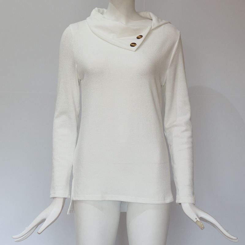 Women Pullover Tops Autumn Solid Button Double Collar Turtleneck Casual Loose Long Sleeve T-shirt Off White