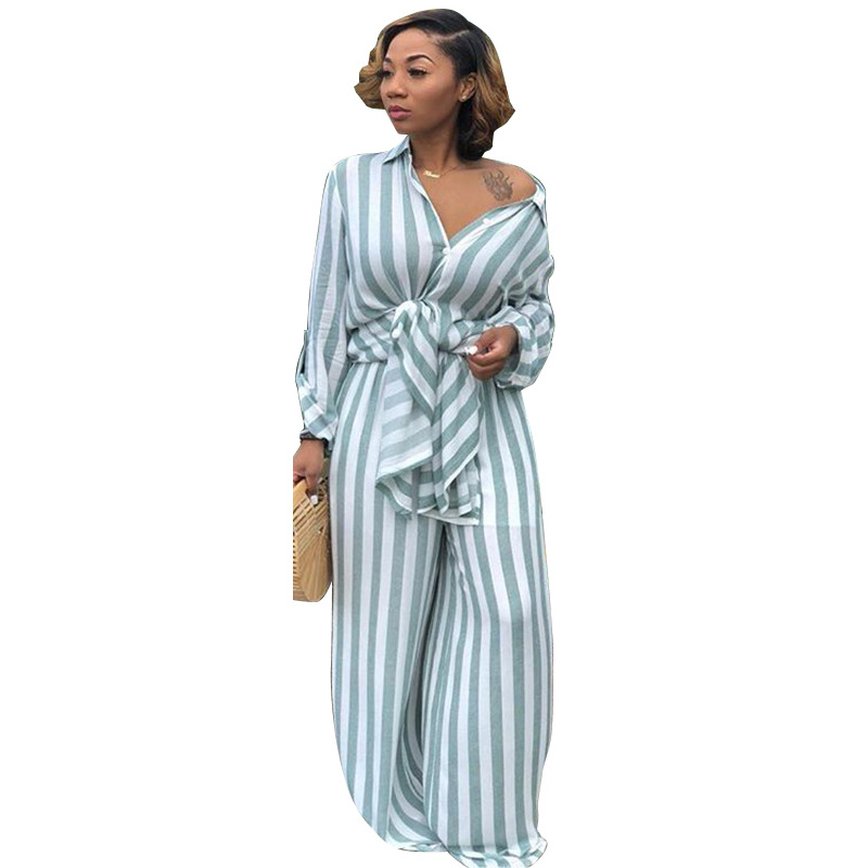 Women Striped Two Pieces Set Casual Loose Long Blouses Shirt and Wide Leg Pants Streetwear Suit blue