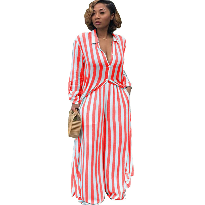 Women Striped Two Pieces Set Casual Loose Long Blouses Shirt and Wide Leg Pants Streetwear Suit red