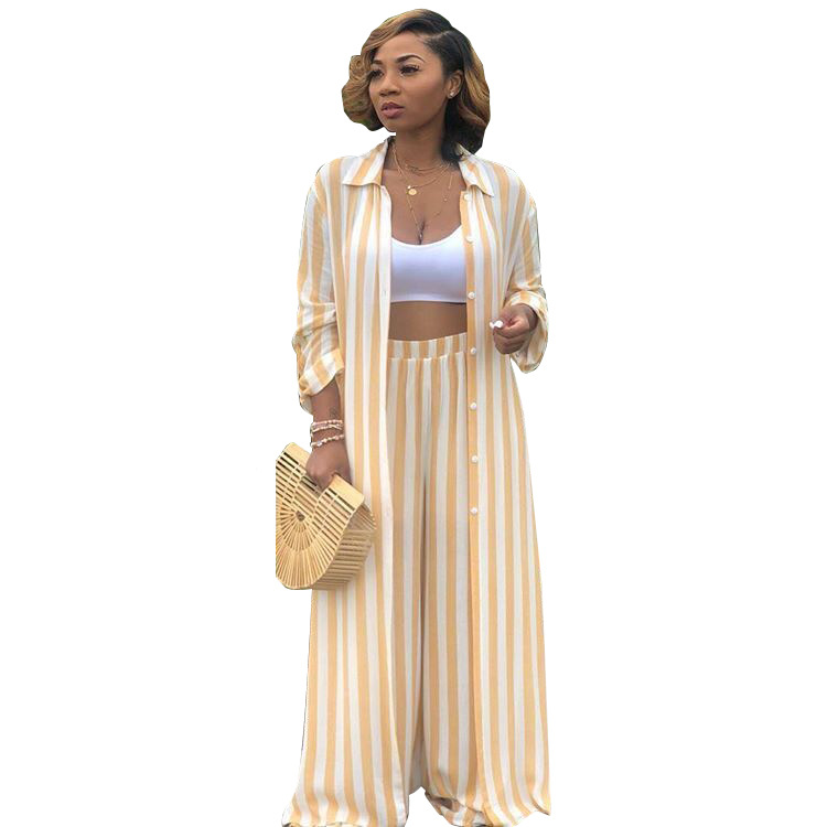 Women Striped Two Pieces Set Casual Loose Long Blouses Shirt and Wide Leg Pants Streetwear Suit yellow