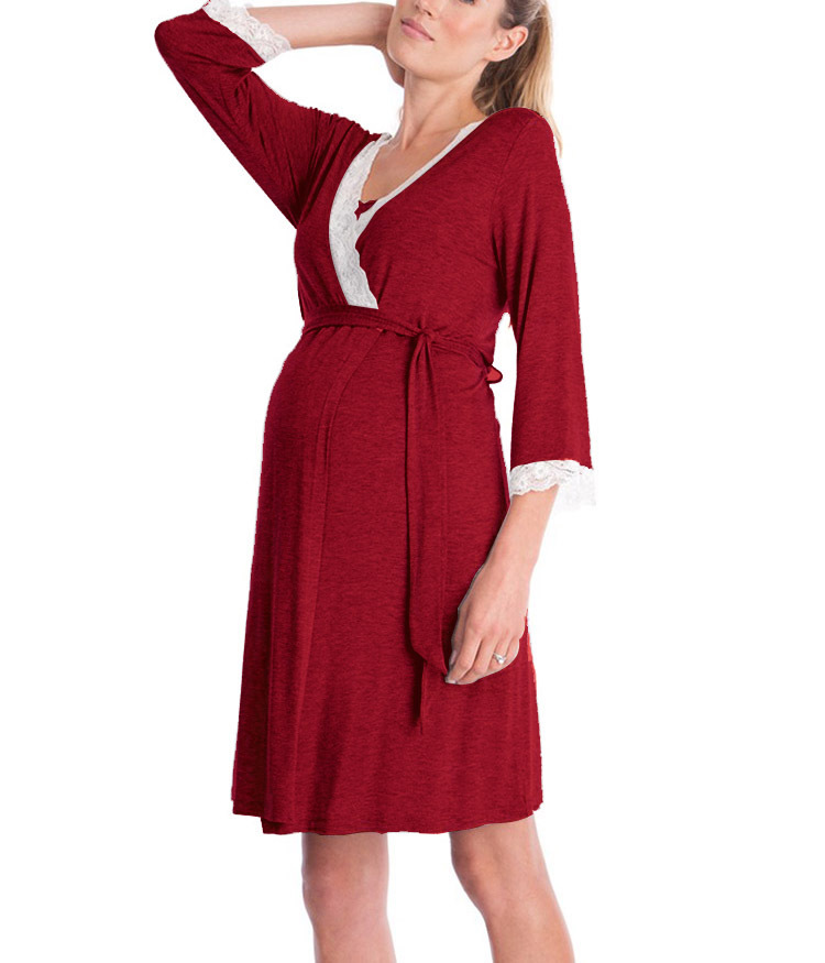 Pregnant Women Pajamas Lace Patchwork 3/4 Sleeve Maternity Sleepwear Nightgown Pregnancy Dress Nursing Clothes Crimson