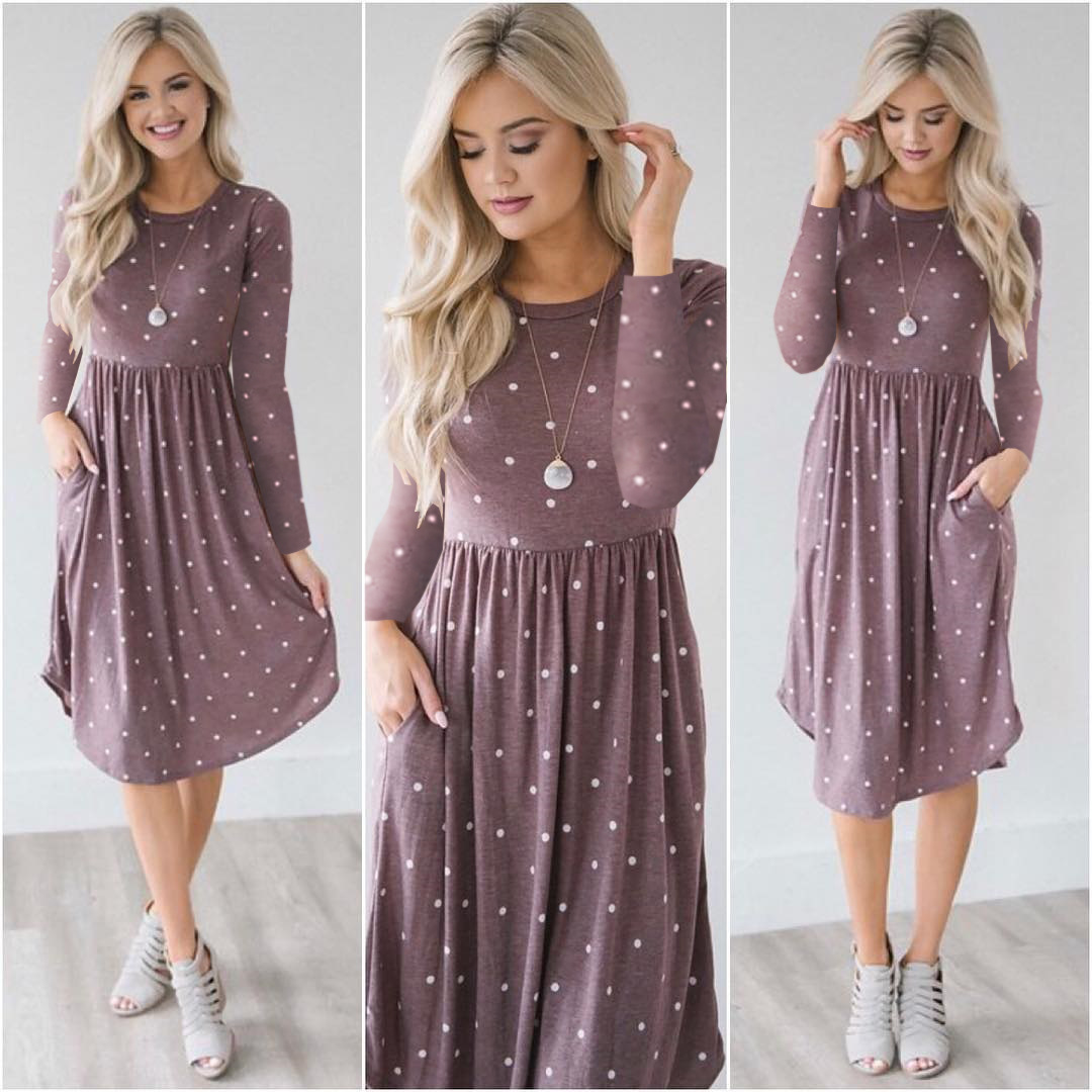 Women Casual Dress Autumn Long Sleeve Pocket Tie Streetwear Loose Striped/Floral Printed Midi Party Dress 100085-pale mauve