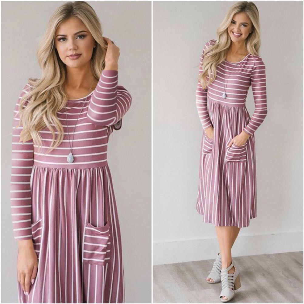  Women Casual Dress Autumn Long Sleeve Pocket Tie Streetwear Loose Striped/Floral Printed Midi Party Dress 100086-pink