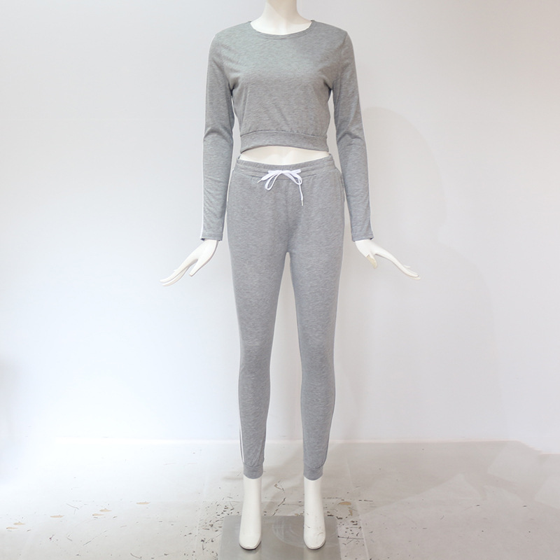 Women Tracksuit Autumn Casual Long Sleeve Crop Top +long Pants Two Pieces Sets Outfits Gray
