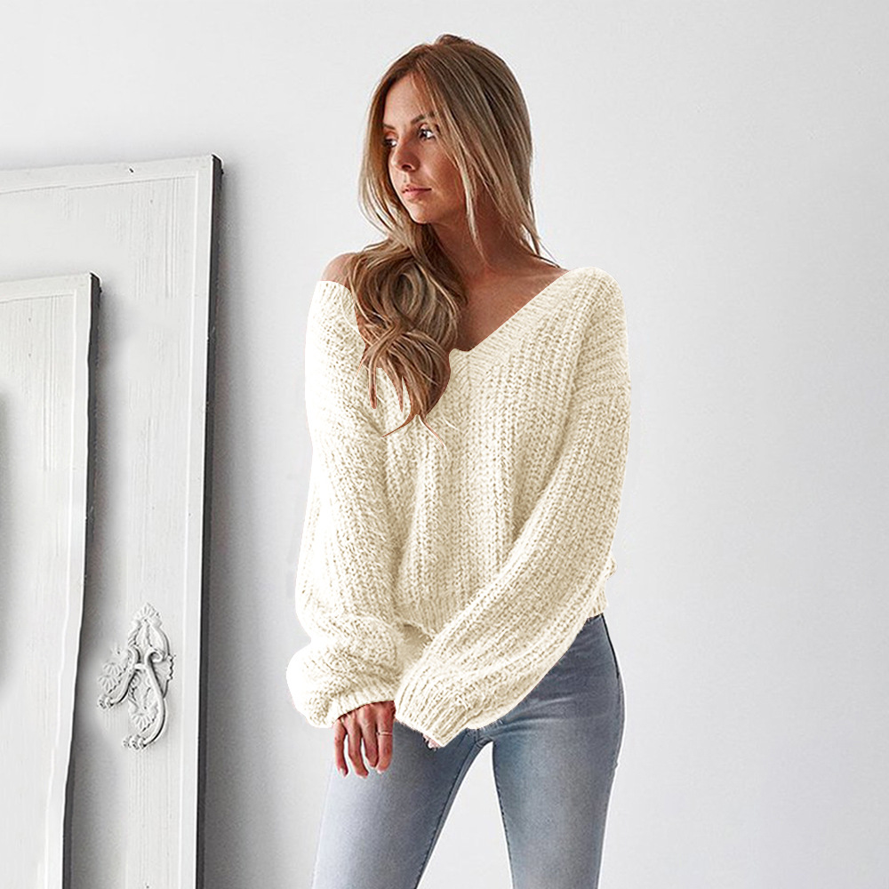  Women Knitted Sweater Autumn Winter Deep V Neck Long Sleeve Backless Loose Thicken Pullover Tops 